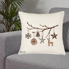 Perna Decorativa Ornamente de Lemn pe Ramura, 40x40 cm, Crem Reliefat, Husa Detasabila, Perna Inclusa, BEKZ®