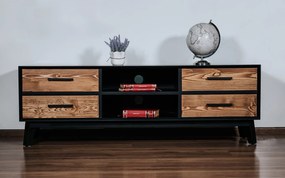 Comodă TV lemn masiv Timeless 4 Sertare 2 Nișe Negru, 146 × 40 × 48 cm
