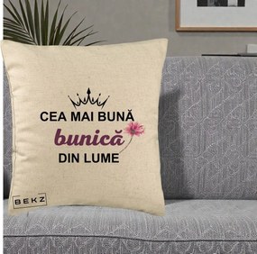 Cadou pentru Bunica - Perna Personalizata Cea Mai Buna Bunica Din Lume Coroana Mov Floare Roz, 40x40 cm, Bej, Husa Detasabila, Perna Inclusa, BEKZ®