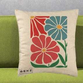 Perna Decorativa Flori Grafice Rosu-Albastru, 40x40 cm, Bej, Husa Detasabila, Perna Inclusa, BEKZ®