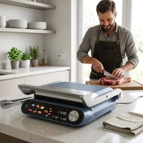 Grătar electric Nostro Lux NL51442P, 2200 W, ecran tactil, plăci mobile antiaderente, deschidere la 180°, albastru