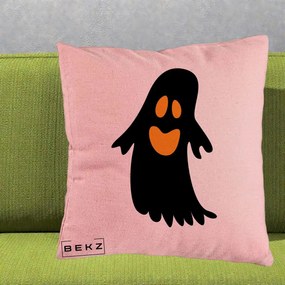 Perna Decorativa Halloween Fantoma Neagra cu Ochi Portocalii, 40x40 cm, Roz, Husa Detasabila, Perna Inclusa, BEKZ®