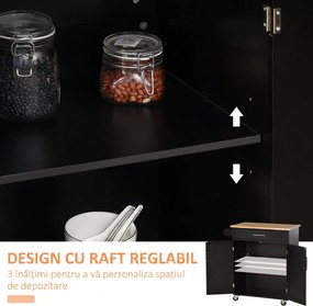 HOMCOM Cărucior de Bucătărie cu Sertar și Dulap cu 2 Uși, Insulă de Bucătărie cu roți și bară laterală, 83x45x91.5 cm, Negru | Aosom Romania