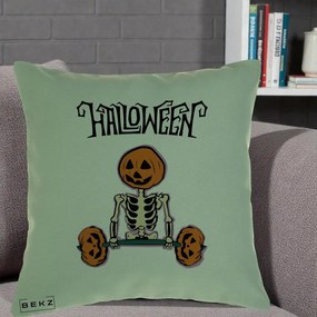 Perna Decorativa Halloween Schelet cu Cap de Dovleac Powerlifting, 40x40 cm, Verde, Husa Detasabila, Perna Inclusa, BEKZ®