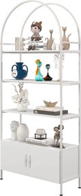 HOMCOM Etajeră de depozitare, bibliotecă arcuită cu 4 niveluri și dulap cu uși duble, 80 x 30 x 187 cm, alb | Aosom Romania