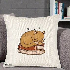 Perna Decorativa Pisica Adormita pe Carti, 40x40 cm, Crem Reliefat, Husa Detasabila, Perna Inclusa, BEKZ®