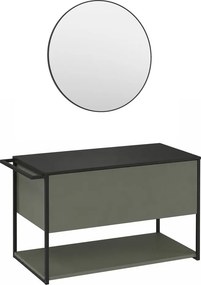 Set dulap baza suspendat Krofam Lov verde-negru 80 cm blat negru si oglinda cu rama neagra