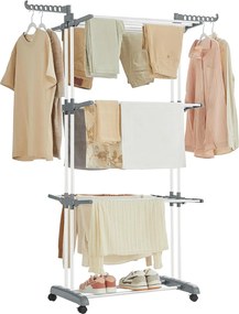Uscător de rufe ELTON cu 4 niveluri pe roți, 63,5x128x173cm,alb/gri SongmicsHome