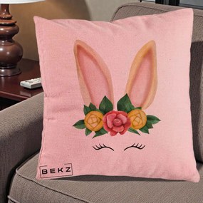 Perna Decorativa Iepuras Flori Urechi Pastelui, 40x40 cm, Roz, Husa Detasabila, Perna Inclusa, BEKZ®