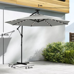 Outsunny Umbrelă cu braț lateral LED Solar aprox. Ø300 cm Rotativă Umbrelă de soare cu manivelă Suport Husă de protecție Gri deschis | Aosom Romania