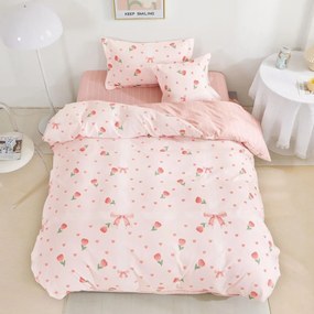 Lenjerie de pat cu elastic, tesatura tip finet, pat 1 persoana, 4 piese, roz pal, T60-78