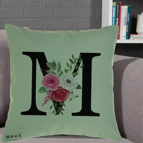 Cadou Personalizat - Perna Personalizata Monograma Florala Litera M cu Trandafiri si Anemona, 40x40 cm, Verde, Husa Detasabila, Perna Inclusa, BEKZ®