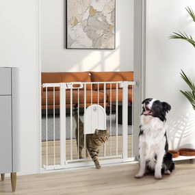 PawHut Barieră Reglabilă pentru Câini cu Ușă Mică, Montare prin Presiune și Închidere Automată, Dimensiune 75-103x76 cm, Alb | Aosom România