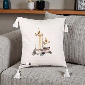Perna Decorativa Lumanari Acuarela Iarna, 40x40 cm, Bej cu Franjuri, Husa Detasabila, Perna Inclusa, BEKZ®