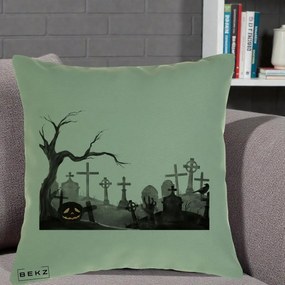 Perna Decorativa Halloween Cimitir Acuarela cu Dovleac, 40x40 cm, Verde, Husa Detasabila, Perna Inclusa, BEKZ®