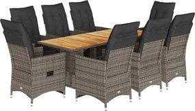 vidaXL Set bistro de grădină cu perne, 9 piese, gri, poliratan