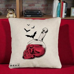 Perna Decorativa Halloween Craniu-Sticla cu Lilieci, 40x40 cm, Bej Canapea, Husa Detasabila, Perna Inclusa, BEKZ®