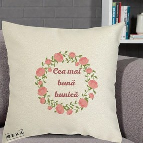 Cadou pentru Bunica - Perna Personalizata Cea Mai Buna Bunica Coronita Trandafiri Roz Clasic, 40x40 cm, Ecru, Husa Detasabila, Perna Inclusa, BEKZ®