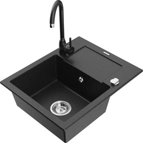 Mexen Enzo chiuvetă de granit cu 1 compartiment cu scurgător și baterie de bucătărie Telma, negru/argintiu - 6506-73-670200-70