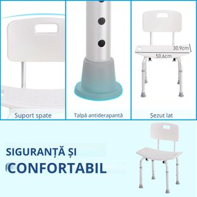 HOMCOM Scaun de Duș Antiderapant cu Spătar și Înălțime Reglabilă pe 8 Poziții, 50,6x43x71-88 cm, Alb | Aosom Romania