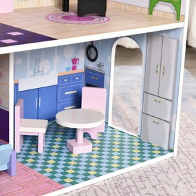 Casa de Papusi din Lemn pentru Copii 3 ani+ cu 12 Accesorii, Trei Etaje, Curte si Mobilier 86x30x87cm Roz HOMCOM | Aosom RO