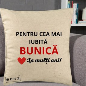 Cadou pentru Bunica - Perna Personalizata Pentru Cea Mai Iubita Bunica La Multi Ani Rosu, 40x40 cm, Bej, Husa Detasabila, Perna Inclusa, BEKZ®