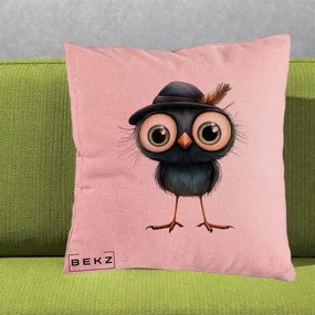 Perna Decorativa Pui Misterios cu Palarie Neagra, 40x40 cm, Roz, Husa Detasabila, Perna Inclusa, BEKZ®