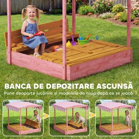 AIYAPLAY Ladă de Nisip pentru Copii 3-6 Ani cu Acoperiș cu Flamingo, Scaune Pliabile, Capac și Husă Incluse, Ladă de Joacă din Lemn de Brad, 134,5x127,5x130 cm, Roz | Aosom Romania