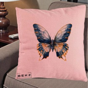 Perna Decorativa Fluture Albastru Auriu Elegant, 40x40 cm, Roz, Husa Detasabila, Perna Inclusa, BEKZ®