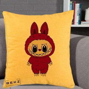 Perna Personalizata Labubu Rosu-Visiniu Solo, 40x40 cm, Galben, Husa Detasabila, Perna Inclusa, BEKZ®