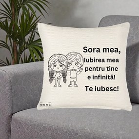 Cadou pentru Sora - Perna Personalizata Sora Mea Te Iubesc Copii Anime Line Art, 40x40 cm, Crem Reliefat, Husa Detasabila, Perna Inclusa, BEKZ®