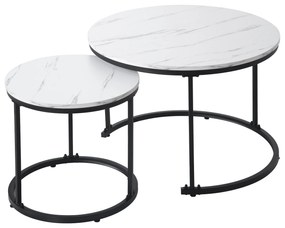 Set de 2 Măsuțe de Cafea Moderne Rotunde Suprapozabile din MDF cu Structură din Metal, Design Economisire Spațiu, 50x70,5 cm+45,5x44 cm, culoare marmură