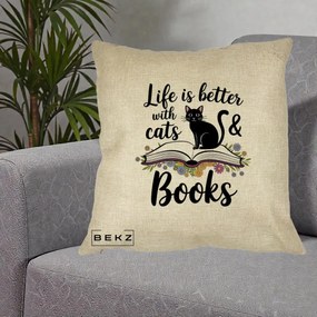 Perna Personalizata Life is Better Cats and Books, 40x40 cm, Crem, Husa Detasabila, Perna Inclusa, BEKZ®