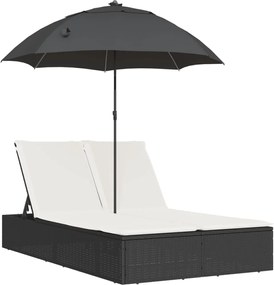 vidaXL Șezlong dublu cu perne/umbrelă de soare, negru, poliratan