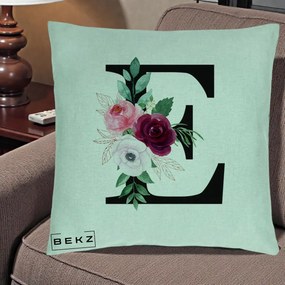 Cadou Personalizat - Perna Personalizata Monograma Florala Litera E, 40x40 cm, Verde Menta, Husa Detasabila, Perna Inclusa, BEKZ®