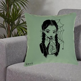 Perna Personalizata Wednesday cu Panza de Paianjen, 40x40 cm, Verde, Husa Detasabila, Perna Inclusa, BEKZ®