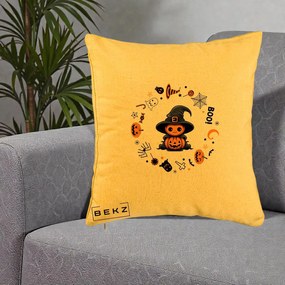 Perna Decorativa Halloween Dovleac Vrajitor Boo cu Simboluri, 40x40 cm, Galben, Husa Detasabila, Perna Inclusa, BEKZ®