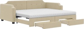 vidaXL Pat de zi cu extensie și sertare, crem, 90x200 cm, textil