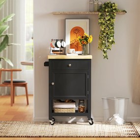 HOMCOM Servantă de bucătărie pe roți, cărucior de servire, blat din lemn de hevea, sertar, 63,5 x 40 x 90 cm, negru | Aosom Romania