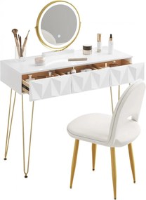 SEA435 - Set Masa toaleta, 100 cm, cosmetica machiaj, oglinda cu LED, masuta vanity, scaun tapitat - Alb lucios