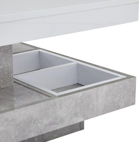 Măsuță de cafea lucioasă, rotativă la 360°, cu blat pe 2 niveluri și compartiment de depozitare, 70x70x36 cm, Alb