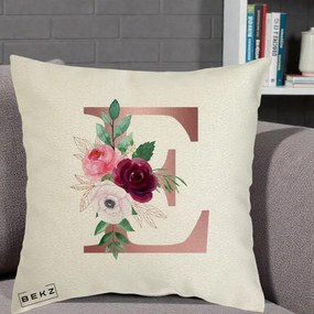 Cadou Personalizat - Perna Personalizata Monograma Rose Gold Litera E, 40x40 cm, Ecru, Husa Detasabila, Perna Inclusa, BEKZ®