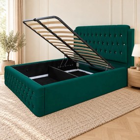 Pat tapițat Chesterfield din catifea Aveline Deluxe 140×200 cm, verde, cu ladă de depozitare