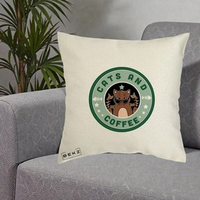 Perna Personalizata Cats and Coffee Starbucks, 40x40 cm, Ecru, Husa Detasabila, Perna Inclusa, BEKZ®