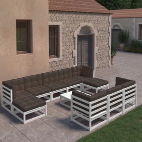 3077170 vidaXL Set mobilier grădină cu perne, 11 piese, alb, lemn masiv pin