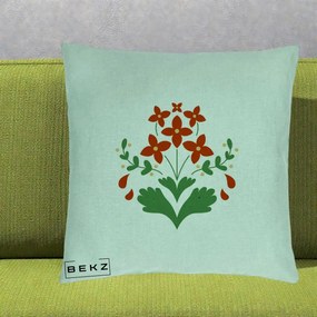 Perna Decorativa Buchet Floral Folk Rosu-Verde, 40x40 cm, Verde Menta, Husa Detasabila, Perna Inclusa, BEKZ®