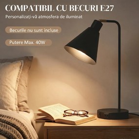 HOMCOM Set de 2 Lămpi de Masă Moderne din Oțel cu Porturi USB, E27, Becurile Nu Sunt Incluse, Negru | Aosom Romania