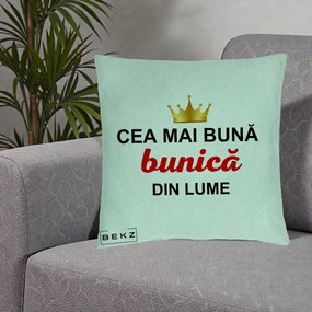 Cadou pentru Bunica - Perna Personalizata Cea Mai Buna Bunica Din Lume Coroana Aurie, 40x40 cm, Verde Menta, Husa Detasabila, Perna Inclusa, BEKZ®