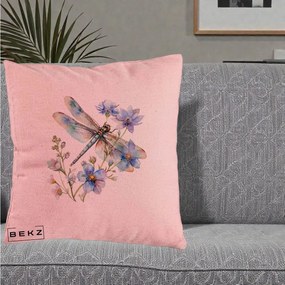 Perna Decorativa Libelula Acuarela Flori Albastre, 40x40 cm, Roz, Husa Detasabila, Perna Inclusa, BEKZ®