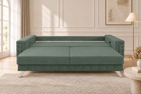 Canapea extensibilă Rosalia din stofă, verde ou de rață, picioare argintii, cu ladă de depozitare